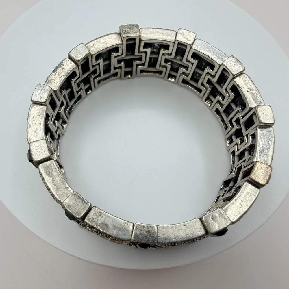 Vintage 90s‎ Silver Tone Black Glass Textured Stretch Bracelet Women's Jewelry